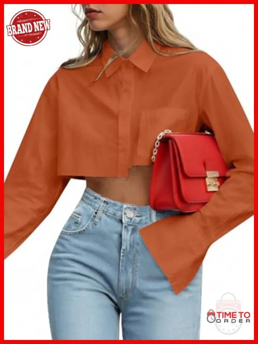Women's Casual Striped Cropped Button Down Shirt Long Sleeve Crop Top